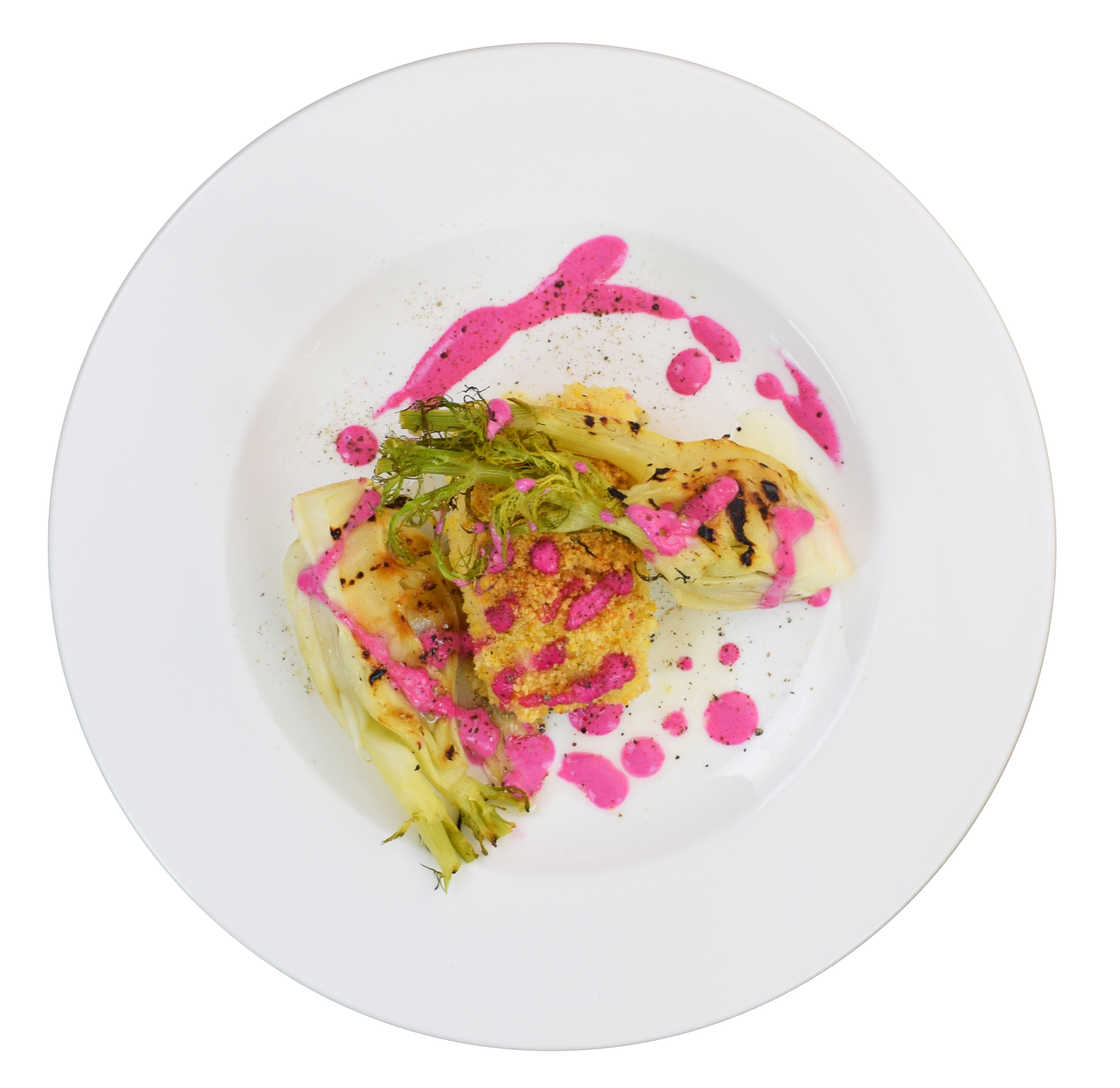 Merluzzo al gratin aromatico, con finocchi alla griglia