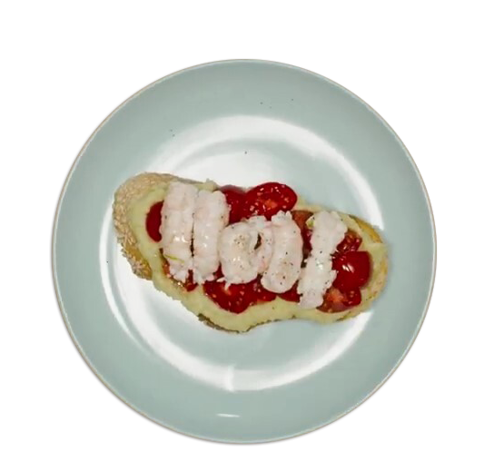 Bruschetta gourmet con scampi, pomodorini e Guacamole